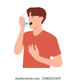 Man holding an asthma inhaler. vector character illustration. Isolated on white background.