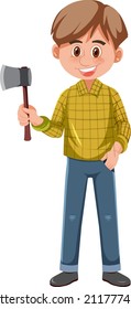 A man holding ax cartoon character on white background illustration