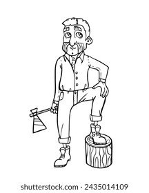 Man holding axe. Outline character. Outline design, Vector illustration.