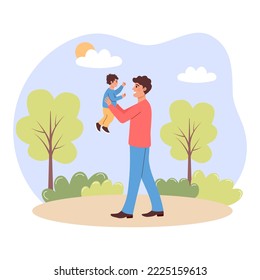 Man holding baby boy. Happy father walking with his baby son in the park. Fatherhood, fathers day, baby care, parenting, outdoor recreation, happy family or single father concept.