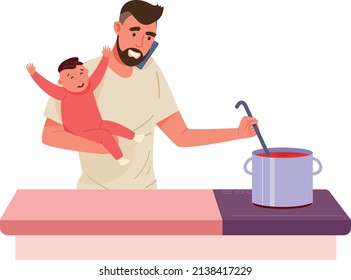 Man Holding Baby And Cooking Soup. Multitasking Dad Isolated On White Background