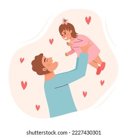 Hombre sujetando a la niña. Padre feliz jugando con su hija. La paternidad, el día del padre, el cuidado del bebé, la crianza, el concepto de familia feliz o padre soltero.