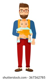 Man holding baby in sling.