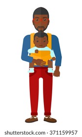 Man holding baby in sling.