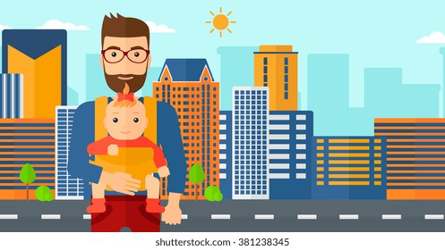Man holding baby in sling.