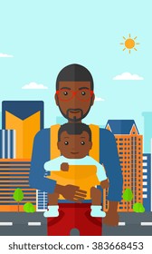 Man holding baby in sling.