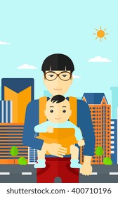 Man holding baby in sling.