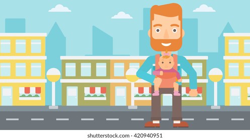 Man holding baby in sling.