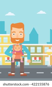 Man holding baby in sling.