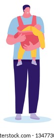 Man holding baby in sling. Coloring vector cartoon illustration. Dad's happiness