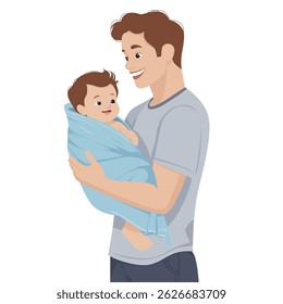 Man holding baby. Young father. Happy Father s Day. Vector illustration in cartoon style. Hand drawn