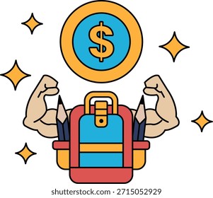 Un hombre sostiene una mochila y un signo de dólar. El signo del dólar está encima de una moneda. Concepto de éxito financiero y la importancia de la educación