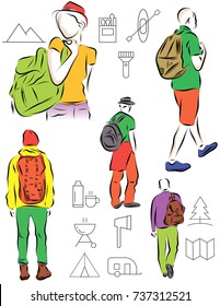 A man is holding a backpack on his back, a woman is holding a backpack on her shoulder. Color vector illustration of a walk, study, travel.