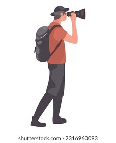 man holding a backpack and telescope isolated