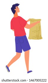 Man holding bag, agricultural worker carrying sack. Harvester with burlap, person going outdoor, rural element of decoration, harvesting occupation vector. Flat cartoon