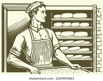 Man holding baking tray in bakery background. Vintage woodcut engraving illustration.