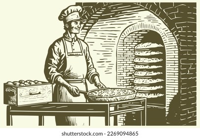 Man holding baking tray in bakery background. Vintage woodcut engraving illustration.