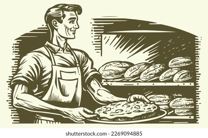 Man holding baking tray in bakery background. Vintage woodcut engraving illustration.