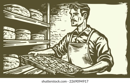 Man holding baking tray in bakery background. Vintage woodcut engraving illustration.