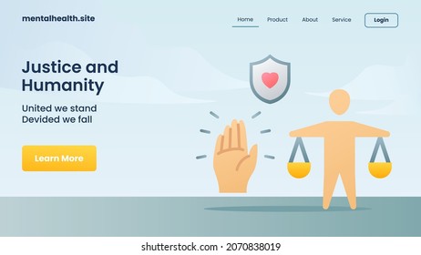 the man is holding balance scale and hand landing page modern cartoon flat blue color isolated isolated