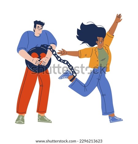 Man Holding Ball with Chained Woman Engaged in Manipulation and Control Vector Illustration