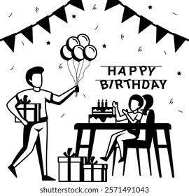 Man holding Balloon and Boxes vector design, special anniversary events card, Cheers to another year banner, indoor Party People illustration, Dad Bringing lot of Gifts for Her Little Daughter concept