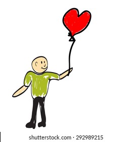 Man holding a balloon in the form of heart. Illustration.