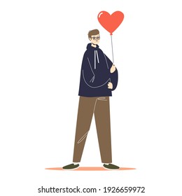 Man holding balloon of heart shape for valentines day celebration and love gift. Young male cartoon with red air balloon. Flat vector illustration