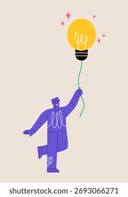 Hombre sosteniendo un globo con la forma de una bombilla. Concepto de ideas creativas. Ilustración de Vector colorido