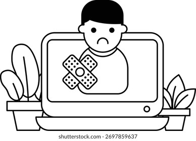 Um homem está segurando um curativo na cabeça. Ele parece triste e está sentado na frente de um monitor de computador