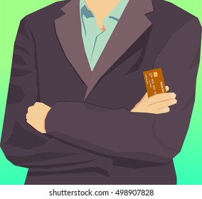A man holding a bank card. Vector bank card. 