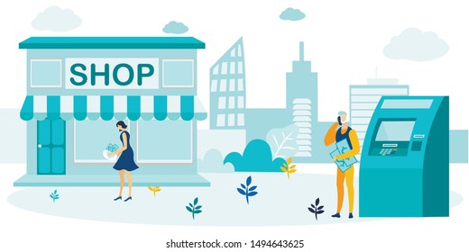 Man Holding Banknote Talking Phone. Woman Going to Shop. People Withdraw Cash via ATM. Cartoon Automatic Teller Machine and Store Building. Flat Cityscape Illustration. Safety Financial Transaction