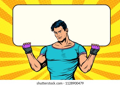 man holding banner blank. Pop art retro vector illustration vintage kitsch drawing