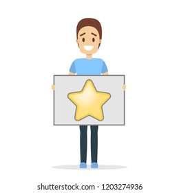 Man holding a banner with huge golden star and smiling. Rate the product quality. Idea of feedback and review. Isolated flat vector illustration