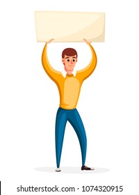 Man holding banner with no transparency, political protest activism. Concept of picket. Cartoon style character design. Vector illustration isolated on white background website page and mobile app.