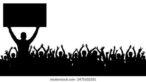 Man holding banner on background of cheerful crowd people, silhouette. Audience agitation. Vector illustration