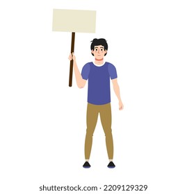 Man holding banner, placard. Demonstration. Poster with ad, information. Flat vector illustration.