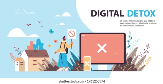 man holding banner with prohibition sign rejection of gadgets devices internet and social networks digital detox concept healthy lifestyle horizontal full length copy space vector illustration