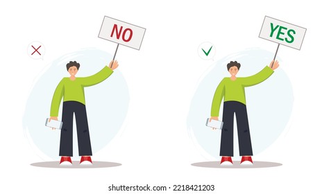 Man holding banner yes no, idea or choice, correct and incorrect dialog mark decent vector concept, flat vector illustration