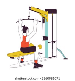 Man holding bar on lat pulldown machine flat line color vector character. Editable outline full body person on white. Engaging gym equipment simple cartoon spot illustration for web graphic design