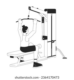 Man holding bar on lat pulldown machine flat line black white vector character. Editable outline full body person. Engaging gym equipment simple cartoon isolated spot illustration for web design