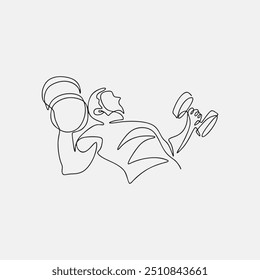 Man holding barbell continuous one line drawing vector illustration. A strong athletic male lifting weights and bodybuilder training. Gym theme of workout hand drawn line art