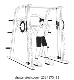 Man holding barbell in smith machine flat line black white vector character. Editable outline full body person. Performing powerlifting simple cartoon isolated spot illustration for web design