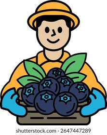 A man is holding a basket of blueberries. He is smiling and he is happy. The blueberries are fresh and ripe, and the basket is full. Concept of joy and satisfaction in the act of harvesting