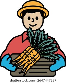 A man is holding a basket of carrots. He is smiling and he is happy. Concept of joy and positivity, as the man is enjoying his time while picking carrots