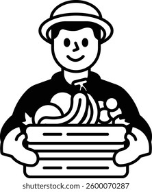 A man is holding a basket of fruit, including bananas and grapes