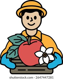 A man is holding a basket of fruit, including an apple and a flower. He is smiling and he is happy
