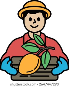 A man is holding a basket of fruit, including a mango. He is smiling and he is happy