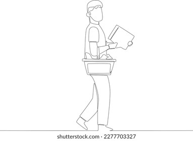 A man holding a basket and a shopping list. Grocery shopping one-line drawing