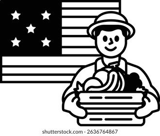 A man is holding a basket of vegetables and is standing in front of an American flag. Concept of patriotism and pride in the country's agricultural industry